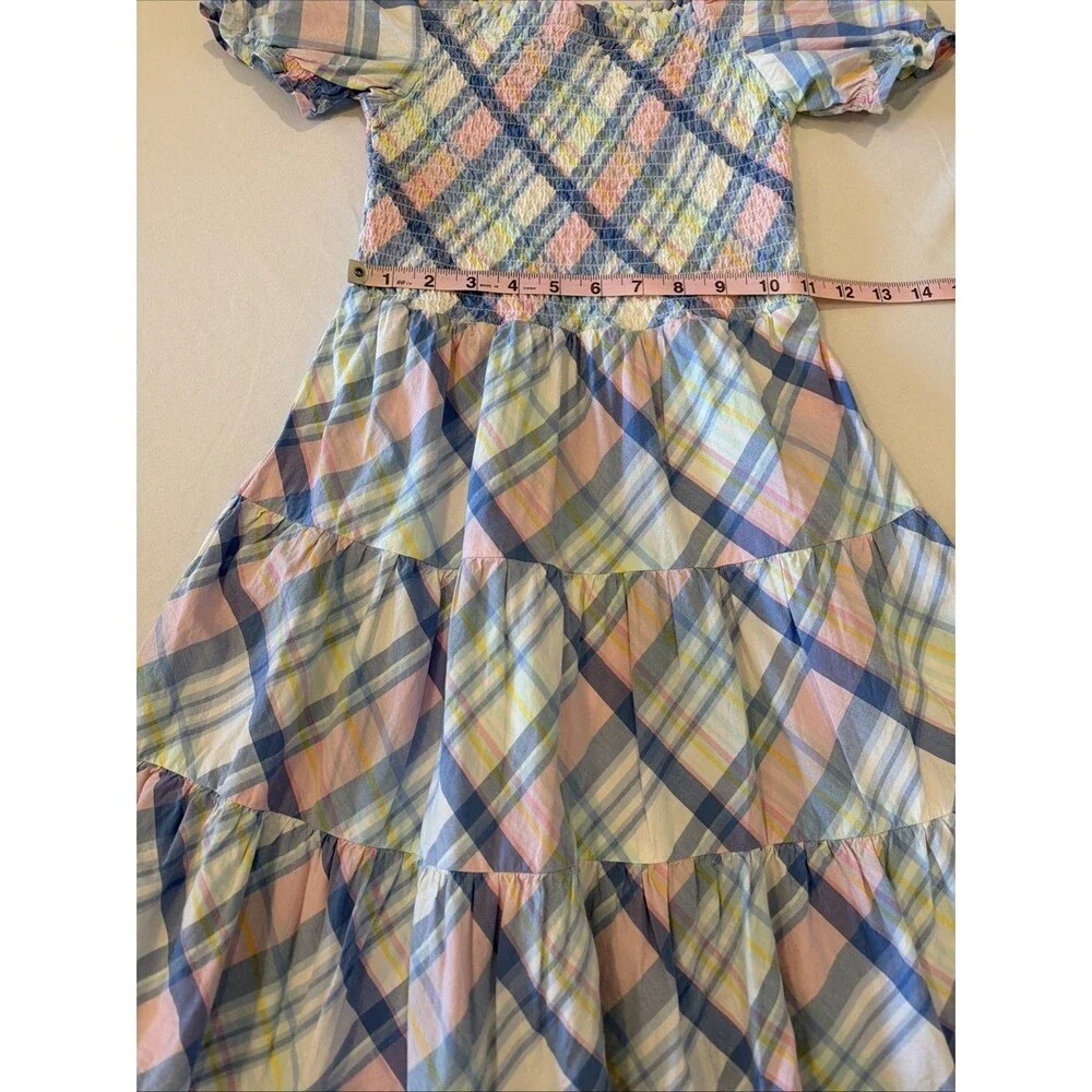 Gymboree Pastel Plaid Smocked Dress Girls Sz 12 100% Cotton Pink Blue Preppy EUC